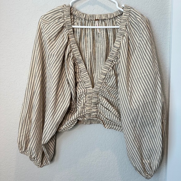 Free People Striped Blouse in Cream and Brown - Picture 1 of 8